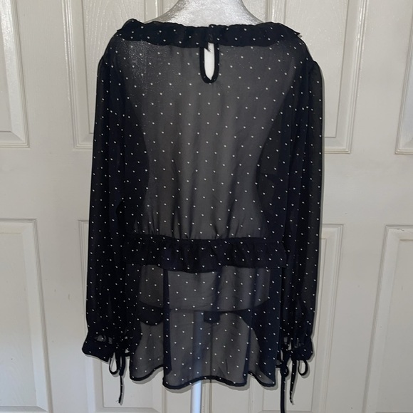 Torrid Black With White Dots Long Sleeve Ruffled Sheer Blouse - Picture 2 of 5